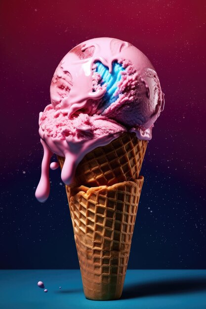 un cono gelato rosa con uno sfondo blu e rosa