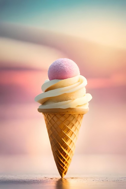 Un cono gelato rosa e bianco con una bolla rosa in cima.
