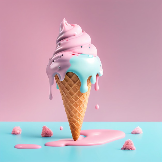 Un cono gelato rosa e blu ha un cono rosa e blu con sopra la parola gelato