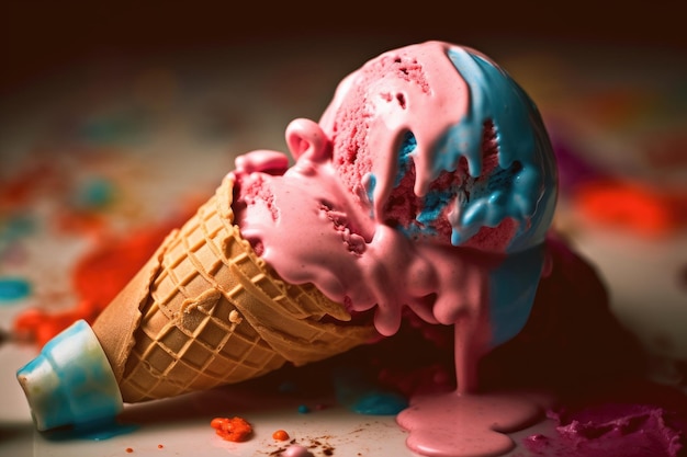 Un cono gelato rosa e blu viene versato in un cono.