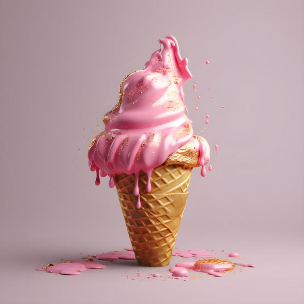 Un cono gelato rosa ha una glassa rosa sopra