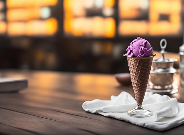 Un cono gelato viola si trova su un tavolo con un bicchiere d'acqua sullo sfondo.