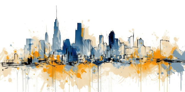 Un cono linea continua disegno schizzo blu e oro tratti sciolti splotchy skyline della città a mano libera bella Generative AI AIG32