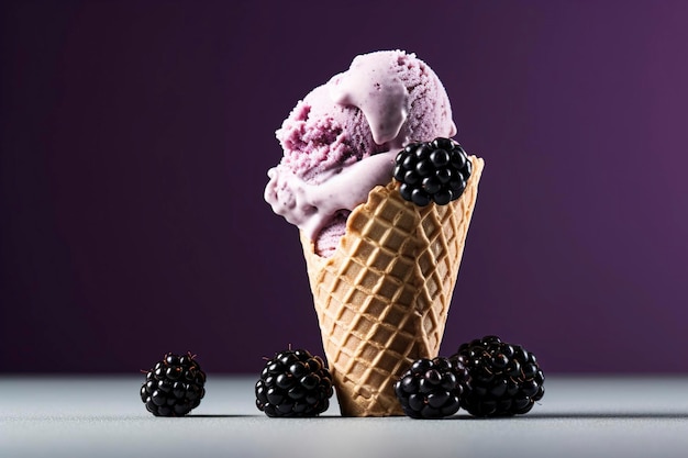 Un cono pieno di gelato al formaggio al mirtillo con mirtilli sul lato