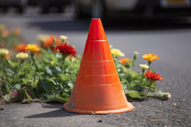 Un cono stradale con un fiore o un altro oggetto colorato al centro
