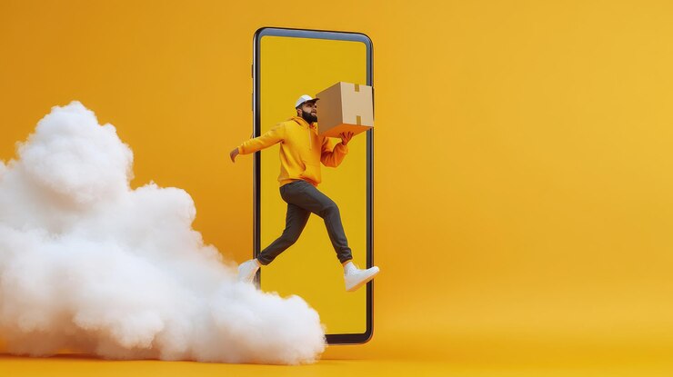 Un consegnatore corre attraverso uno smartphone gigante con un pacco che simboleggia la consegna veloce
