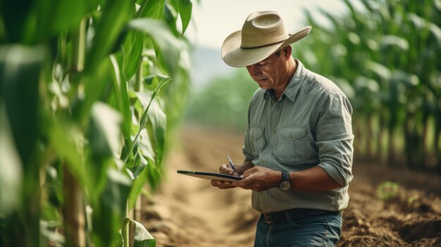 Un contadino asiatico in un campo di mais che cresce usando un tablet digitale per esaminare il raccolto
