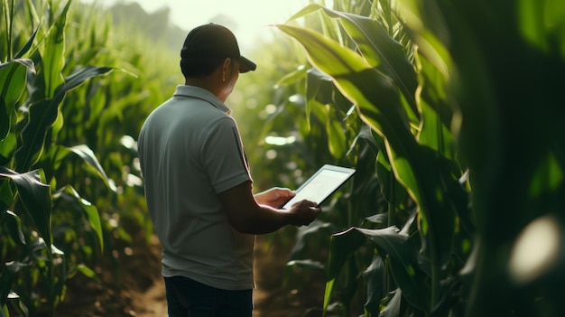 Un contadino asiatico in un campo di mais che cresce usando un tablet digitale per esaminare il raccolto