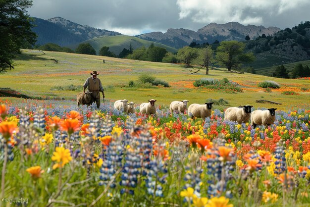 Un contadino che alleva pecore in un campo di fiori selvatici colorati