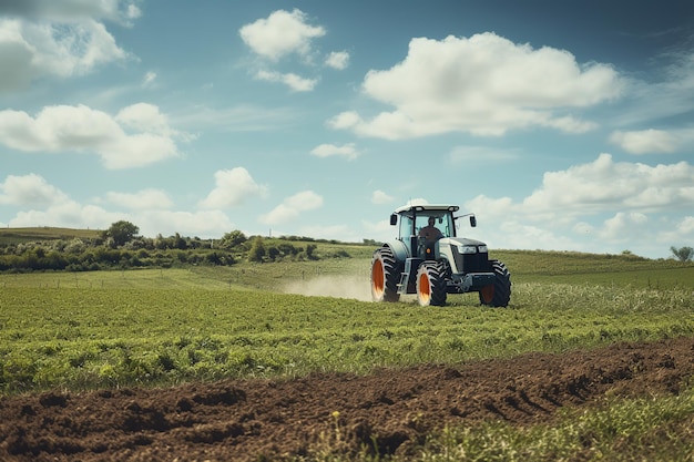 Un contadino che guida un trattore in un campo come parte delle faccende pre-semina nella prima stagione primaverile del lavoro agricolo trattore aratura campo in una giornata di sole