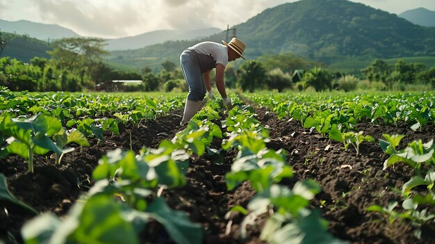 Un contadino che indossa un cappello sta lavorando in un campo verde rigoglioso si sta chinando e sta lavorando alle piante