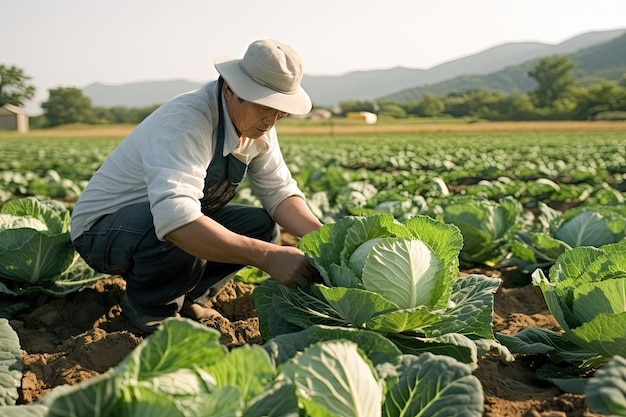 Un contadino che lavora in un campo di cavoli