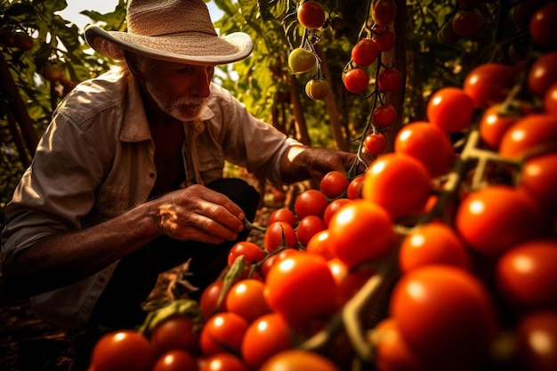 un contadino che lavora in una serra di pomodori.
