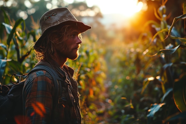 Un contadino che lavora nei campi durante il tramonto