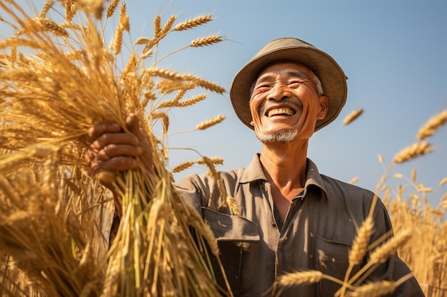 Un contadino che raccoglie felicemente orecchie d'oro di grano in un campo