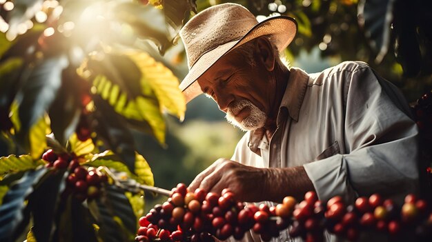 Un contadino che raccoglie le ciliegie di caffè mature in una piantagione ombreggiata