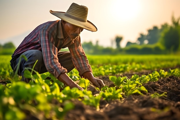 Un contadino che si occupa dei raccolti in un campo che incarna il duro lavoro e la dedizione degli operai agricoli