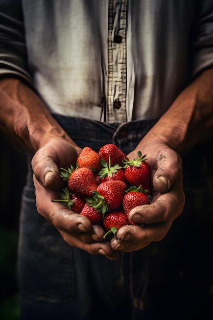 Un contadino con delle fragole fresche nelle mani