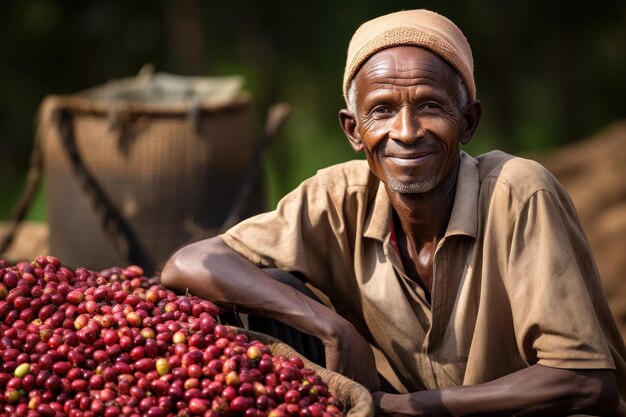 Un contadino con il suo raccolto di caffè in una piantagione Nuovo raccolto di cereali