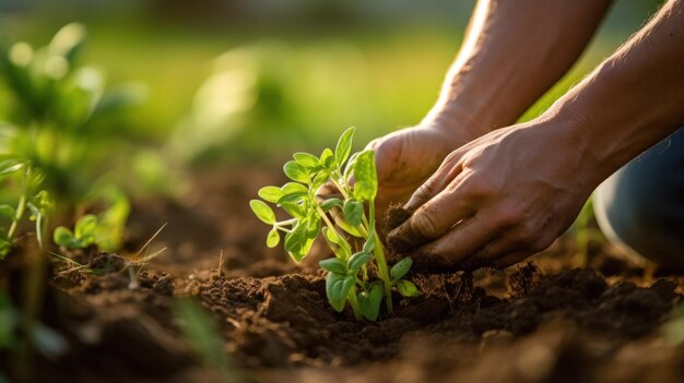 Un contadino, con le mani nel terreno, toglie meticolosamente le erbacce per assicurarsi che le colture circostanti prosperino