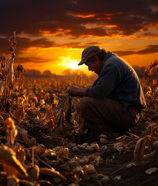 Un contadino con un cappello si siede nel campo al tramonto un uomo raccoglie piante secche mature nel suo terreno agricolo