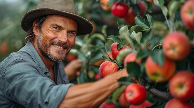 Un contadino controlla la salute degli alberi di mele