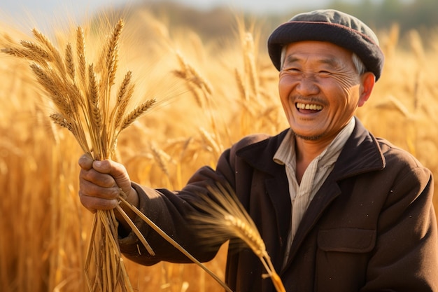 un contadino coreano raccoglie felicemente spighe di grano dorato nel campo