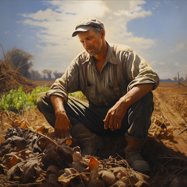 Un contadino esposto alle intemperie che si prende cura del suo dipinto ad olio sul campo illuminato dal sole