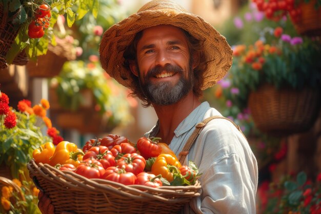 Un contadino felice mostra l'abbondante raccolto di una stagione di raccolto di successo