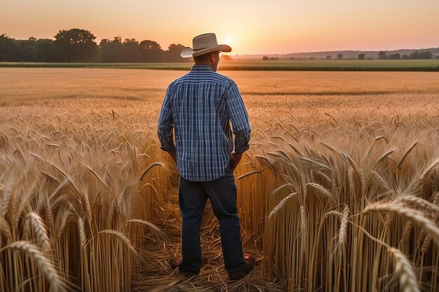 Un contadino in piedi in un campo di grano al tramonto