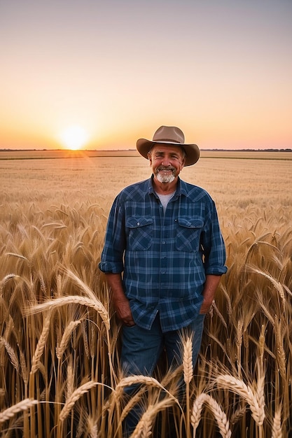 Un contadino in piedi in un campo di grano al tramonto