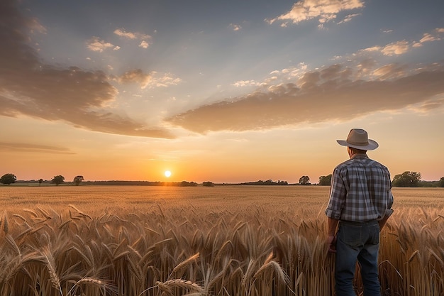 Un contadino in piedi in un campo di grano al tramonto