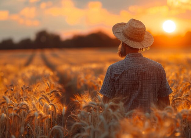 Un contadino in piedi nel campo di grano che guarda il tramonto