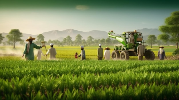 Un contadino in un campo con un trattore sullo sfondo