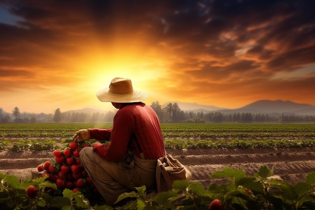 Un contadino in un campo di fragole guarda il tramonto.