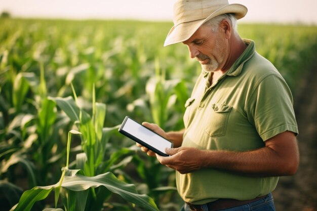 Un contadino in un campo di mais che usa un tablet digitale