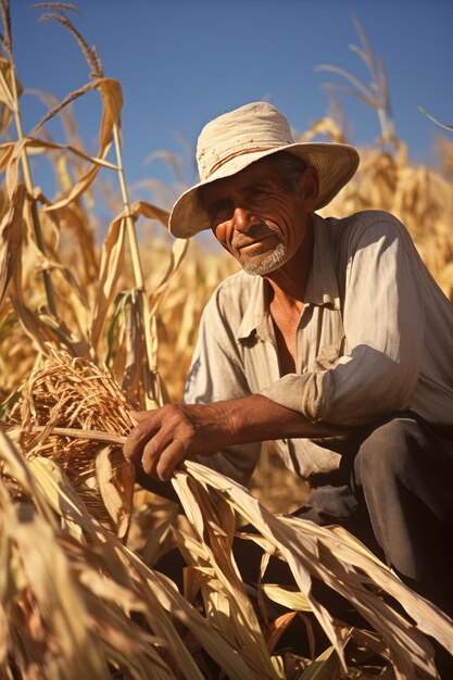 un contadino in un campo di mais con un cappello di paglia