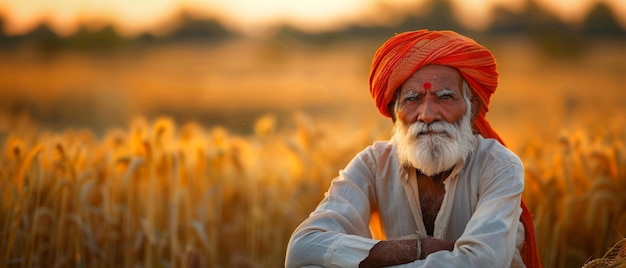 Un contadino indiano in piedi in mezzo a un campo agricolo