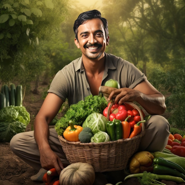 Un contadino indiano seduto con un cesto pieno di verdure in un campo agricolo