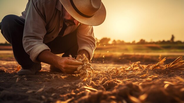 un contadino nel campo di grano al tramonto