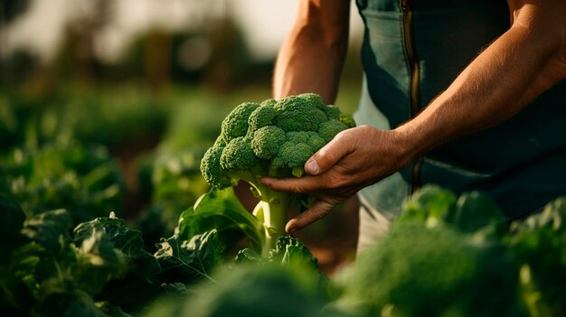 Un contadino raccoglie broccoli Focus selettivo Alimento