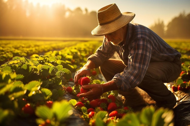 Un contadino raccoglie fragole in un campo.