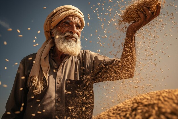 un contadino raccoglie il grano