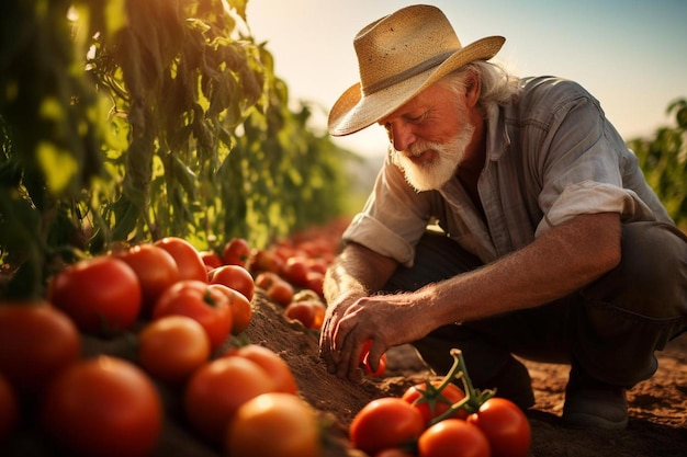 un contadino raccoglie pomodori in una vigna.