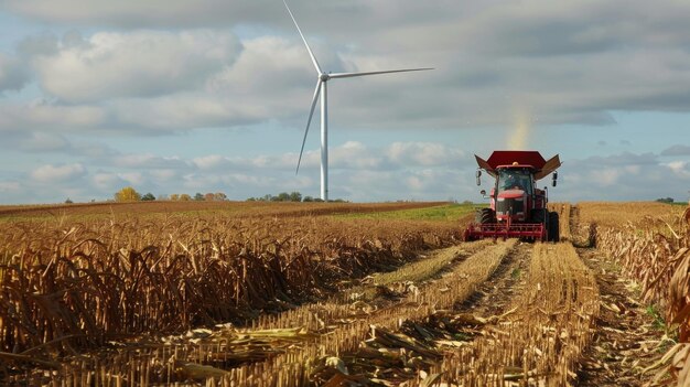 Un contadino sta raccogliendo mais e altre colture sulla sua terra che saranno utilizzate sia per l'alimentazione che per il biocarburante