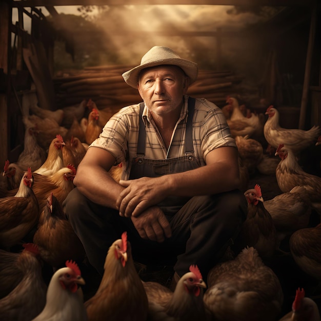Un contadino su un contadino di polli