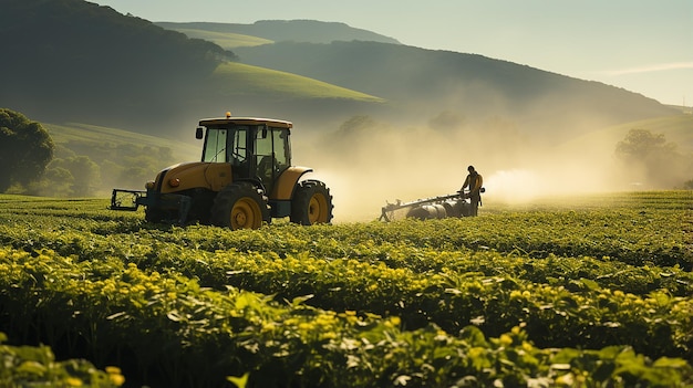 Un contadino su un trattore con uno spruzzatore fa fertilizzante per le verdure giovani