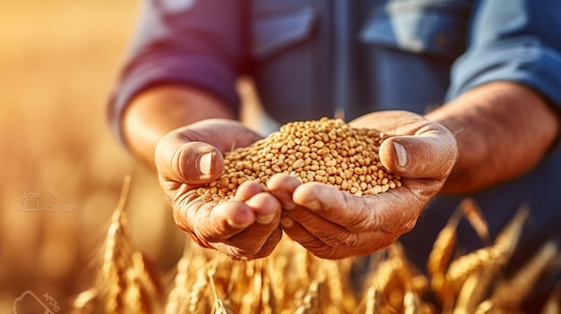 Un contadino tiene in mano una manciata di grano.