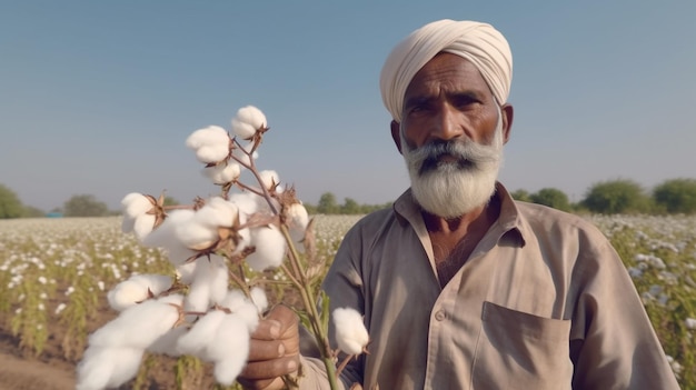 Un contadino tiene un mucchio di cotone in un campo.