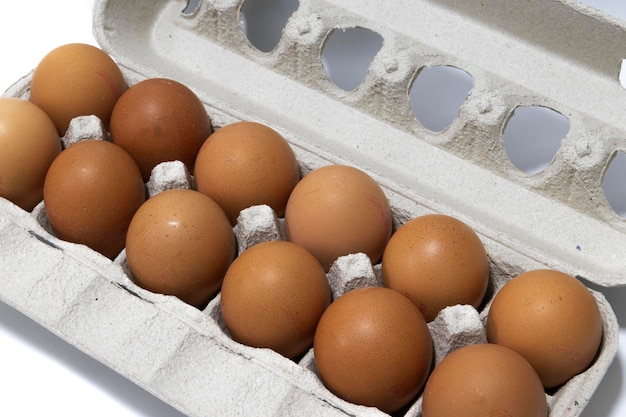 Un contenitore di cartone per uova con una dozzina di uova marroni Isolato su uno sfondo bianco Concetto di prodotti ecologici